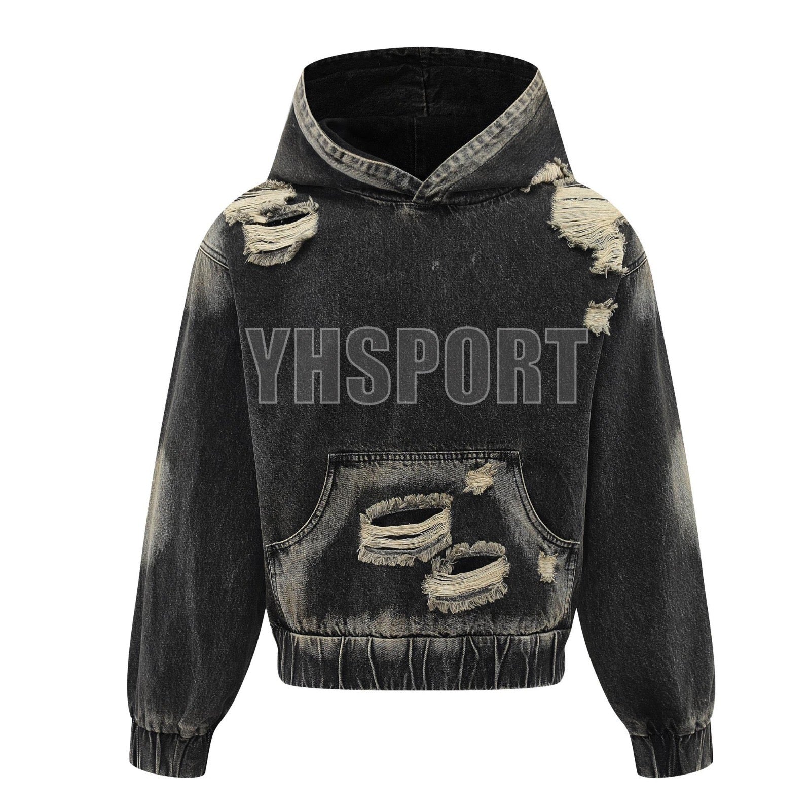 New Arrivals Fashionheavyweight Loose Fit Hoodie Distressed Streetwear Custom Logo Acid Wash Denim Tears Hoodie