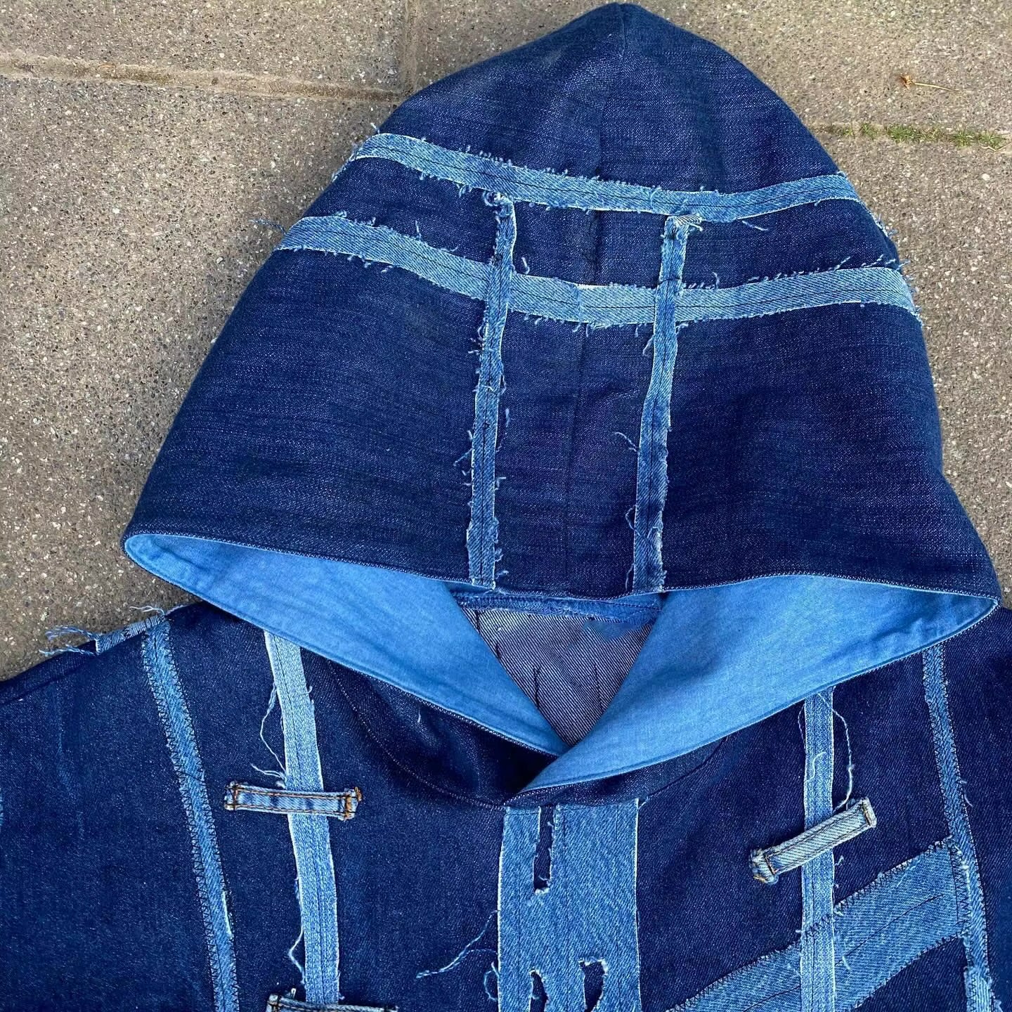 Custom Upcycling Hoodie 1.1 Denim Multi Fabric Distressed Patchwork Splicing Distressed Tears Men's Denim Patchwork Hoodie