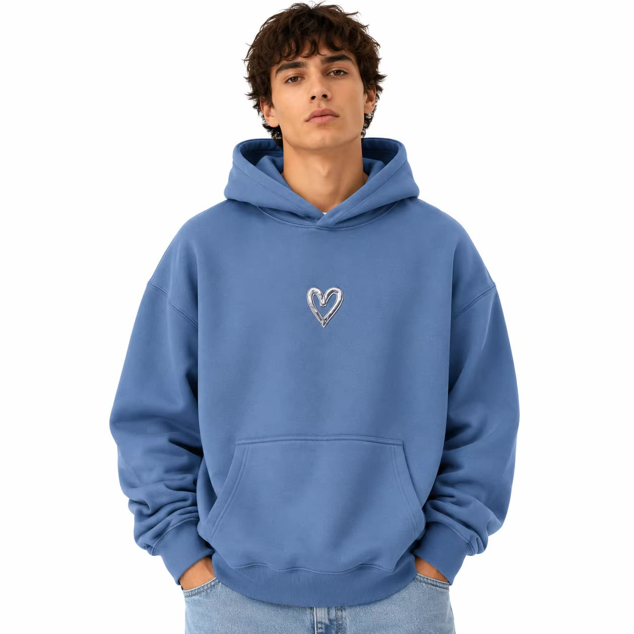 Baggy Heavy Weight Oversized Coral Blue Chrome Heart Custom Embroidered Hoodie 100% Cotton 450gsm Mens Pullover Designer Hoodies