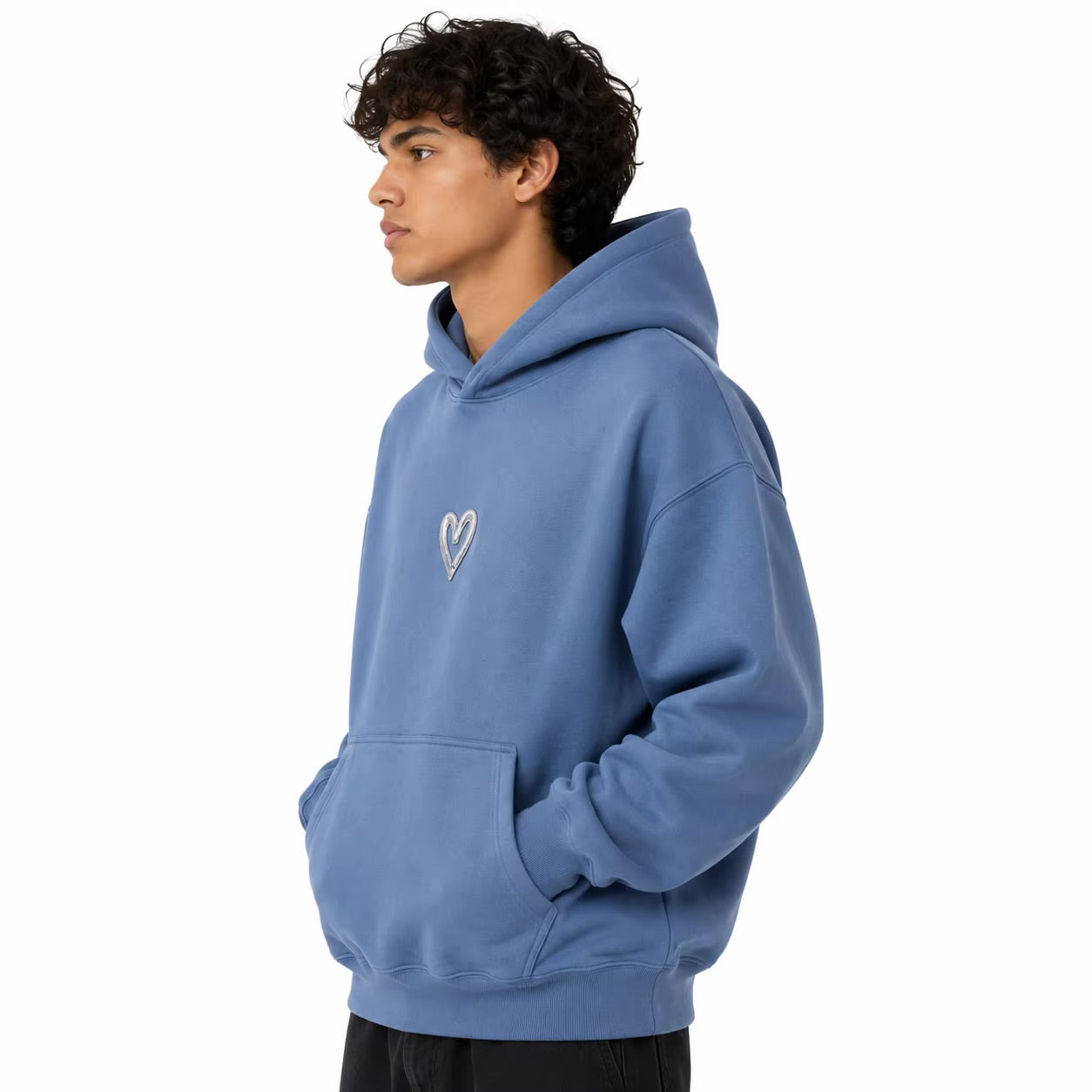Baggy Heavy Weight Oversized Coral Blue Chrome Heart Custom Embroidered Hoodie 100% Cotton 450gsm Mens Pullover Designer Hoodies