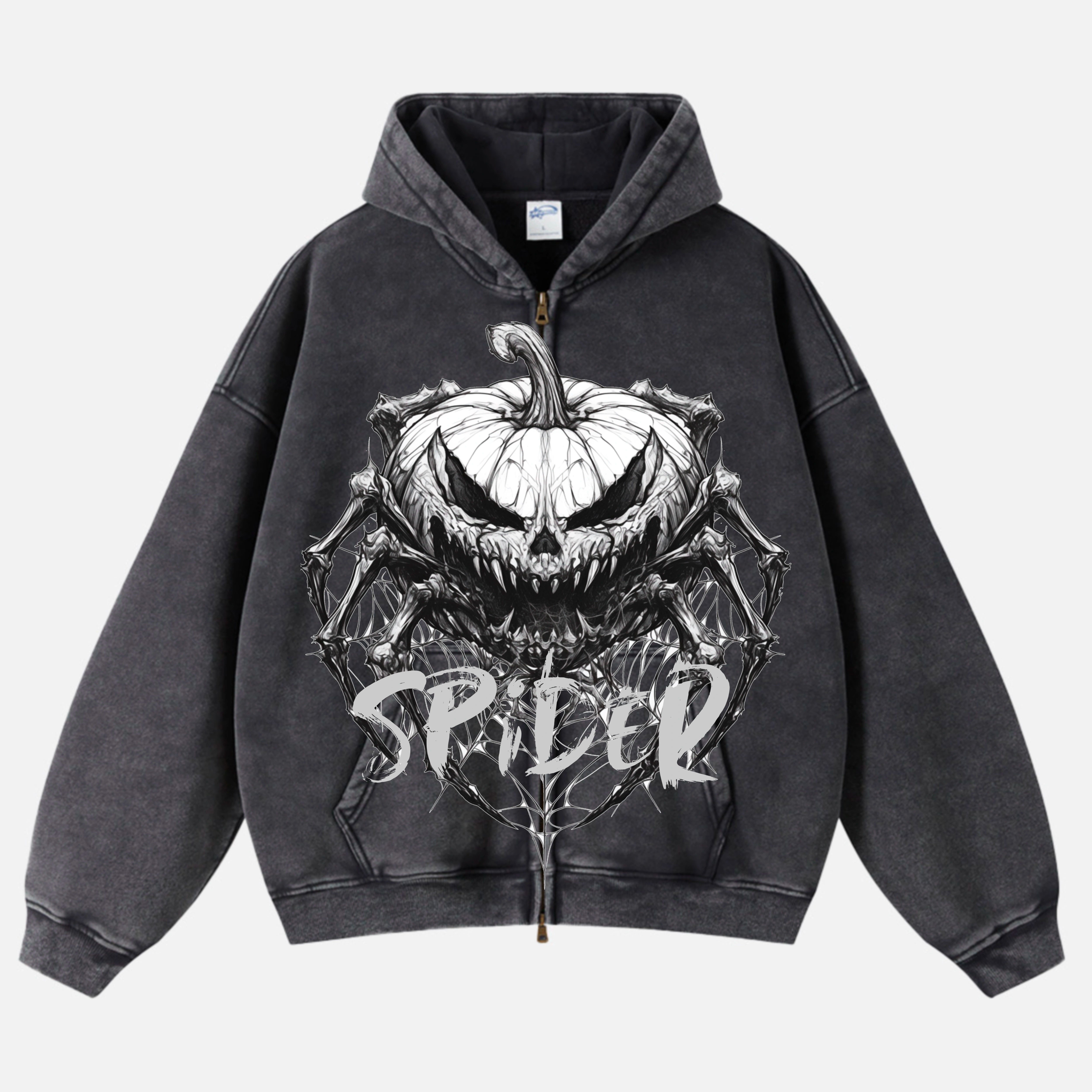 QUICKSHOW Streetwear Hallowmas 360 GSM Acid Washed Zipper Hoodie Y2K Men Spider Oversized Men Sweatshirt Hoodie