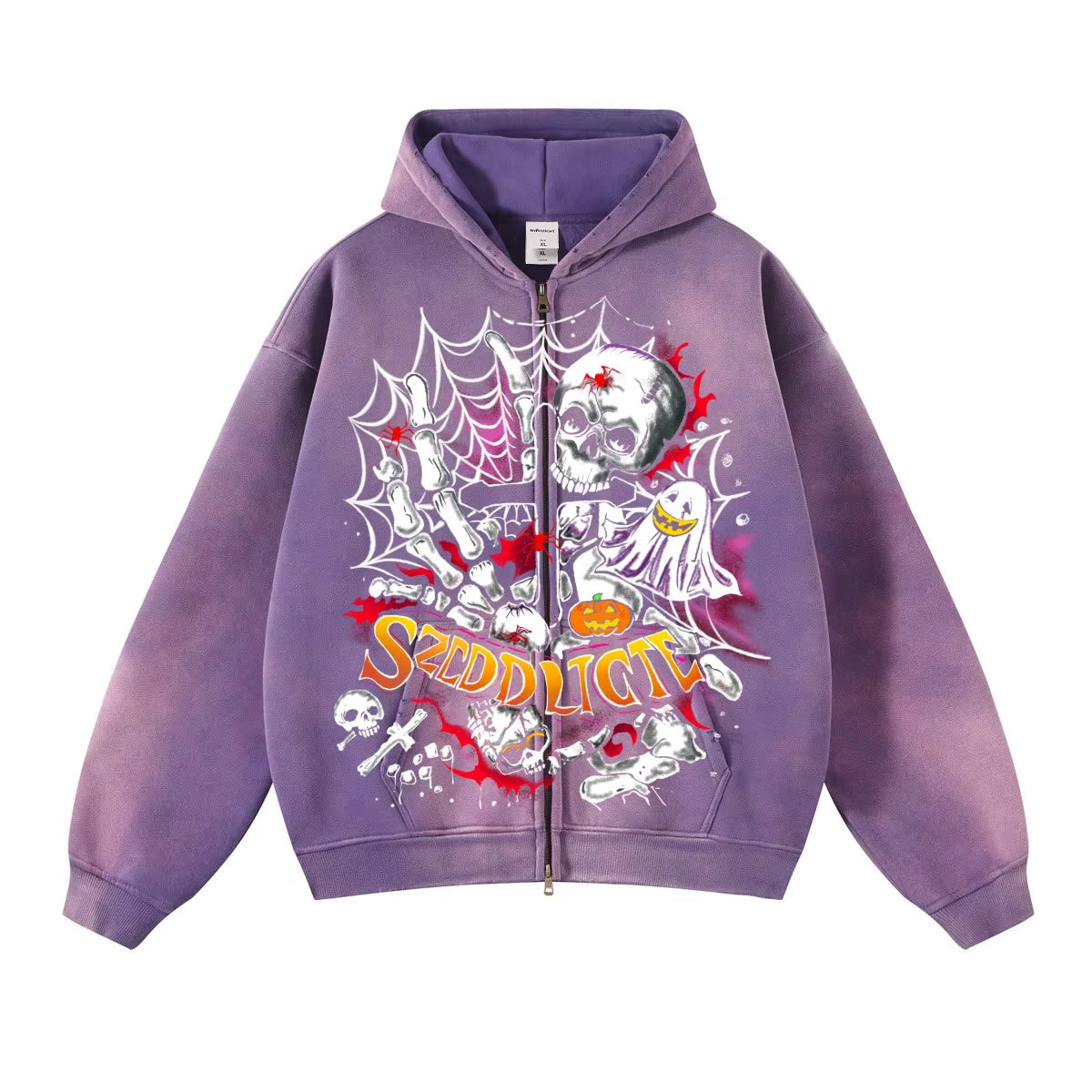 QUICKSHOW Streetwear Hallowmas 360 GSM Acid Washed Zipper Hoodie Y2K Men Spider Oversized Men Sweatshirt Hoodie