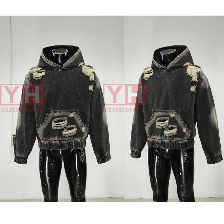 New Arrivals Fashionheavyweight Loose Fit Hoodie Distressed Streetwear Custom Logo Acid Wash Denim Tears Hoodie