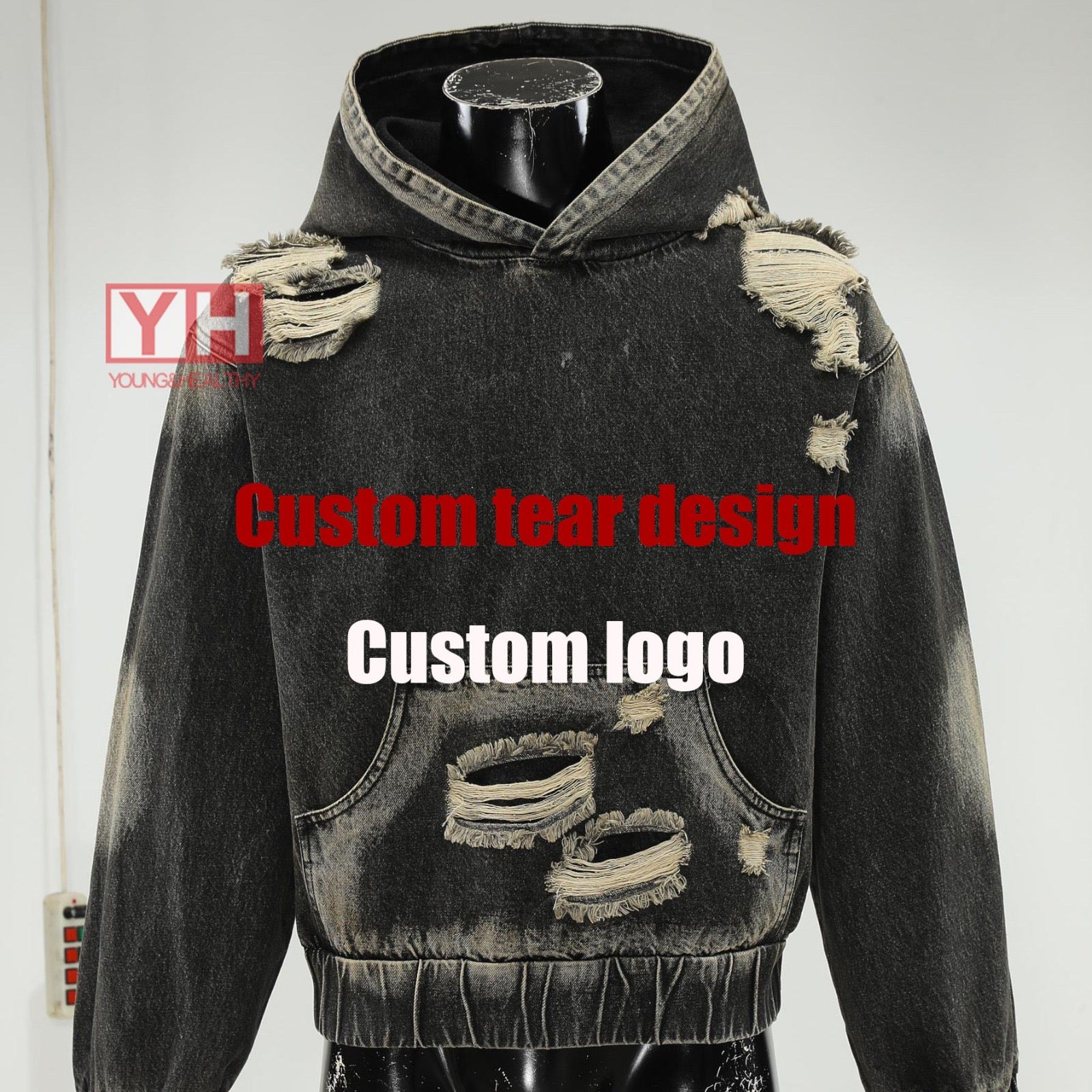 New Arrivals Fashionheavyweight Loose Fit Hoodie Distressed Streetwear Custom Logo Acid Wash Denim Tears Hoodie