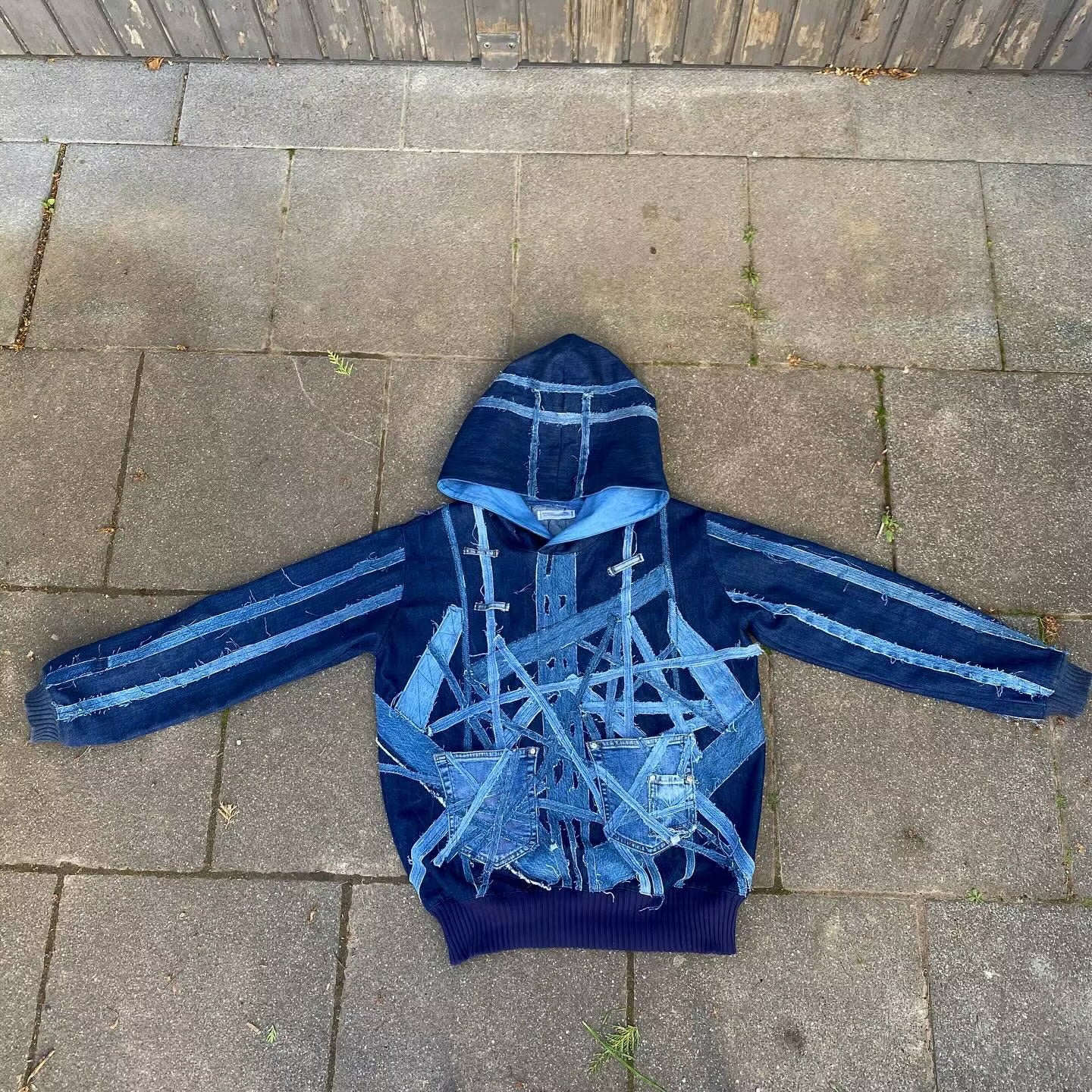 Custom Upcycling Hoodie 1.1 Denim Multi Fabric Distressed Patchwork Splicing Distressed Tears Men's Denim Patchwork Hoodie
