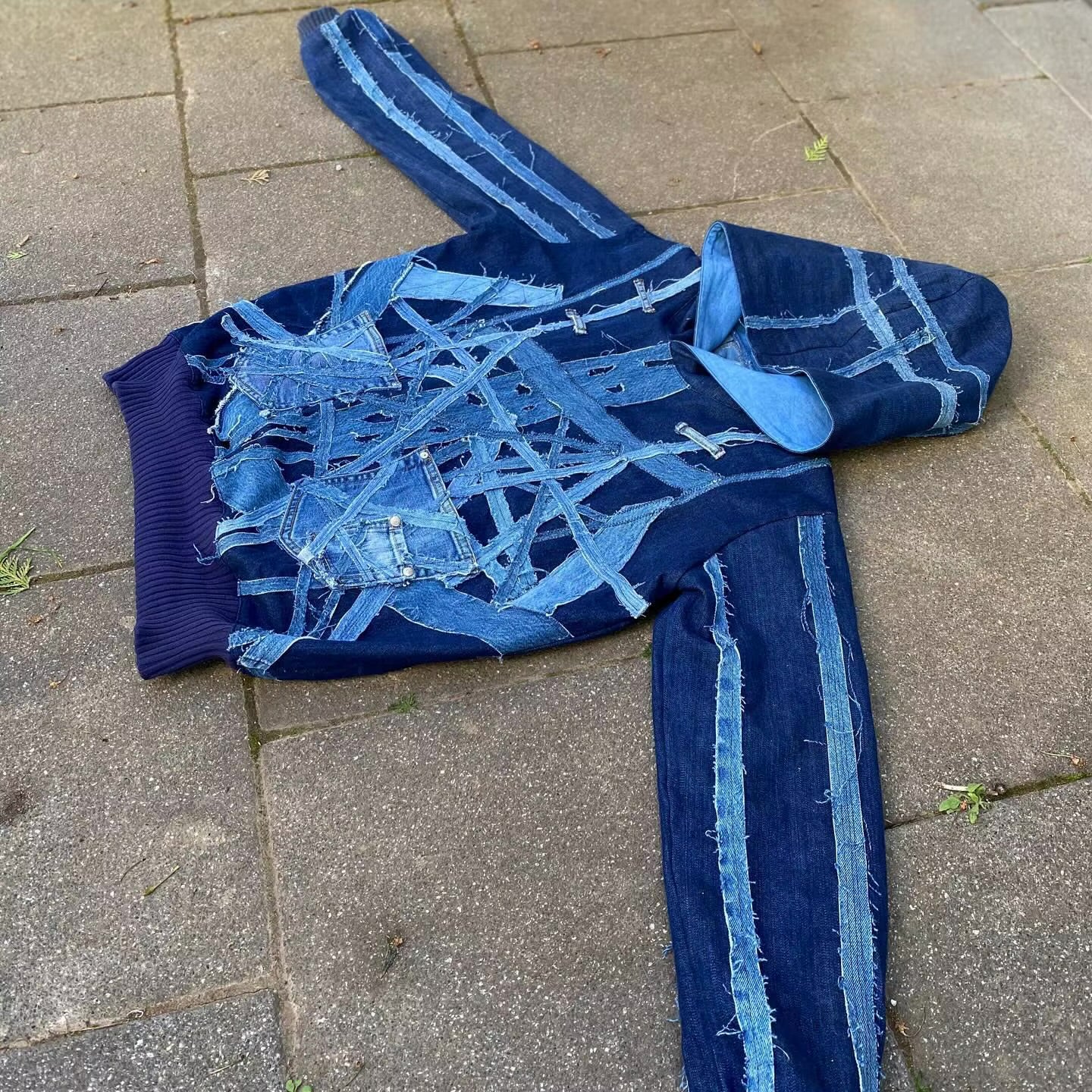 Custom Upcycling Hoodie 1.1 Denim Multi Fabric Distressed Patchwork Splicing Distressed Tears Men's Denim Patchwork Hoodie