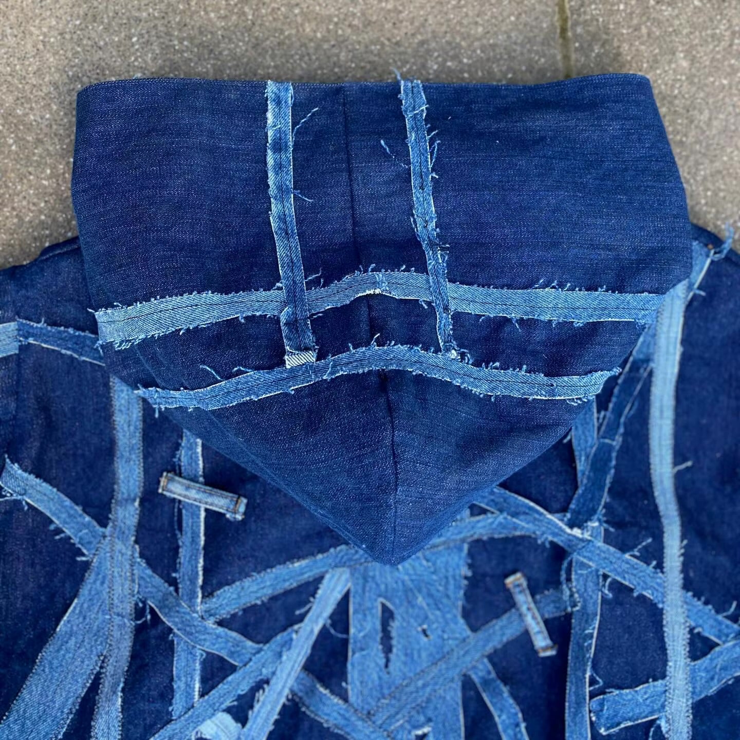 Custom Upcycling Hoodie 1.1 Denim Multi Fabric Distressed Patchwork Splicing Distressed Tears Men's Denim Patchwork Hoodie