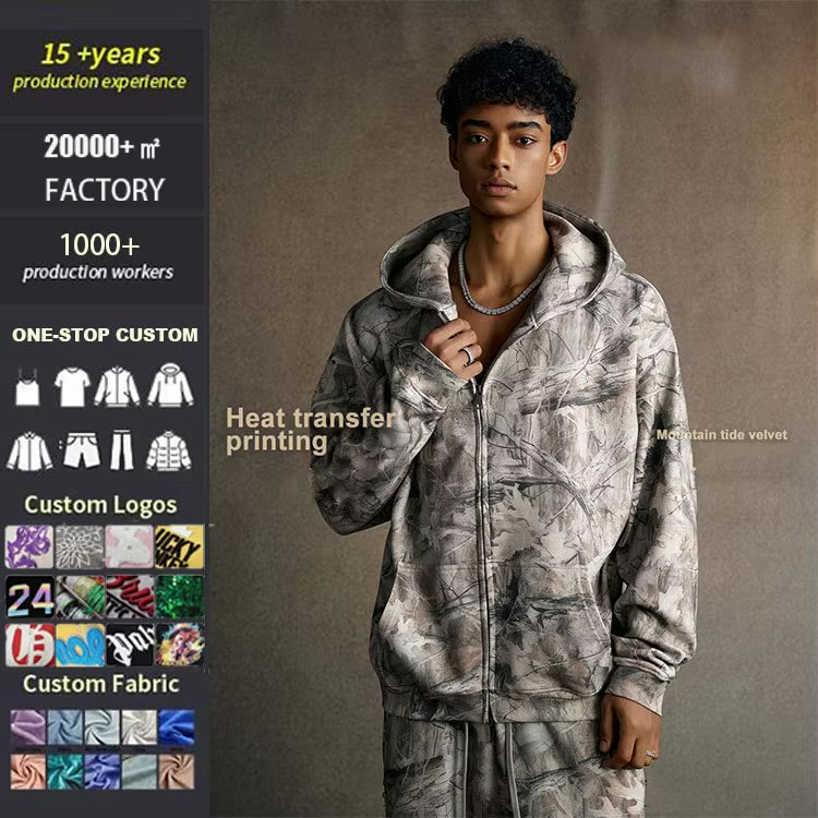 Clothing Manufacturer Custom Streetwear All Over Digital Camouflage Zipper Hoodie Heat-Transfer Camo Men's Hooded Sweatshirt