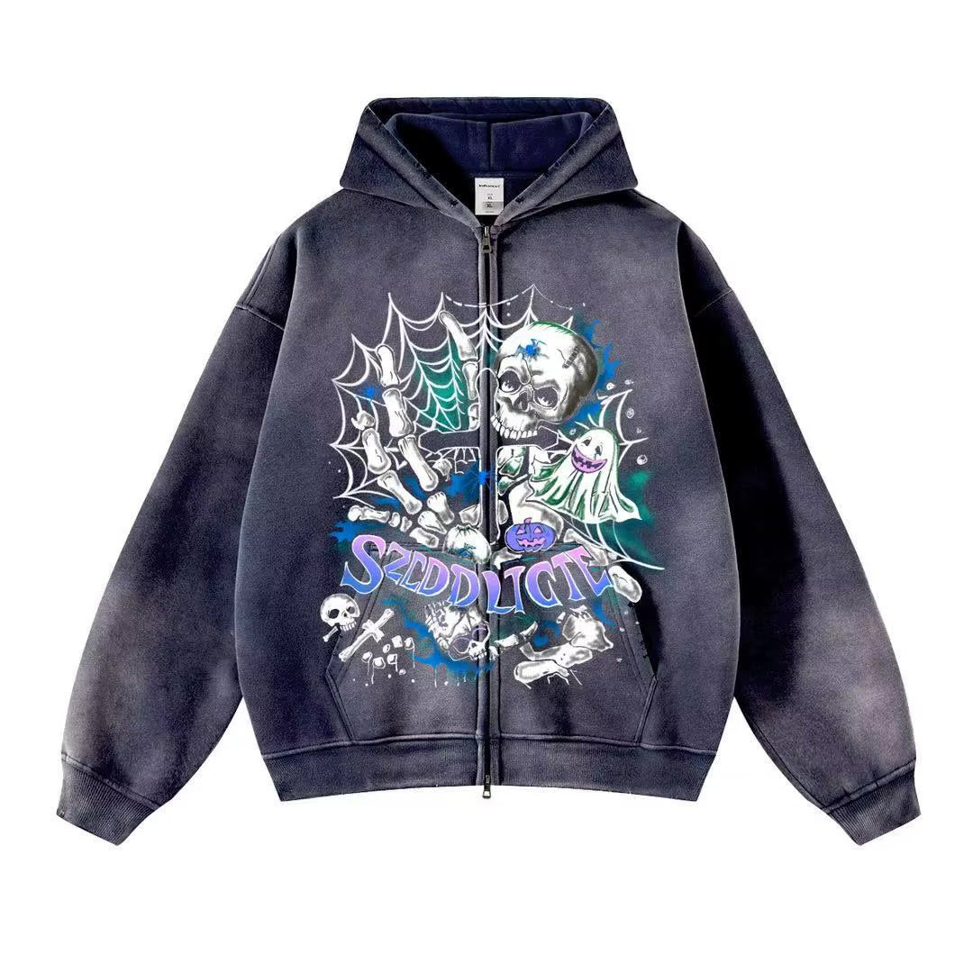 QUICKSHOW Streetwear Hallowmas 360 GSM Acid Washed Zipper Hoodie Y2K Men Spider Oversized Men Sweatshirt Hoodie