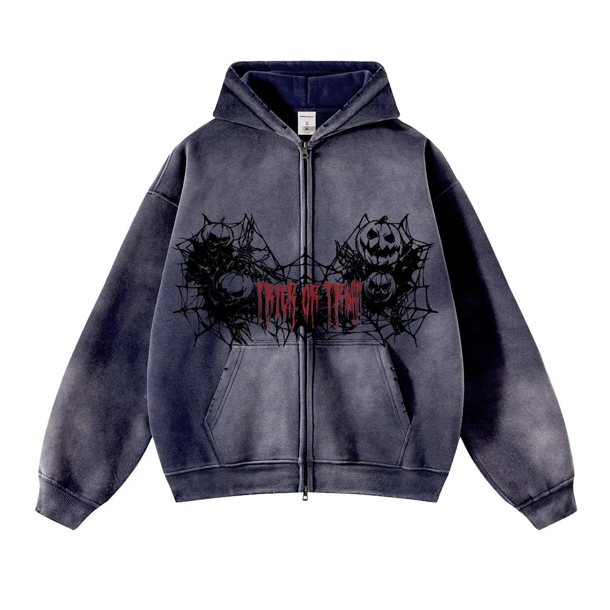 QUICKSHOW Streetwear Hallowmas 360 GSM Acid Washed Zipper Hoodie Y2K Men Spider Oversized Men Sweatshirt Hoodie