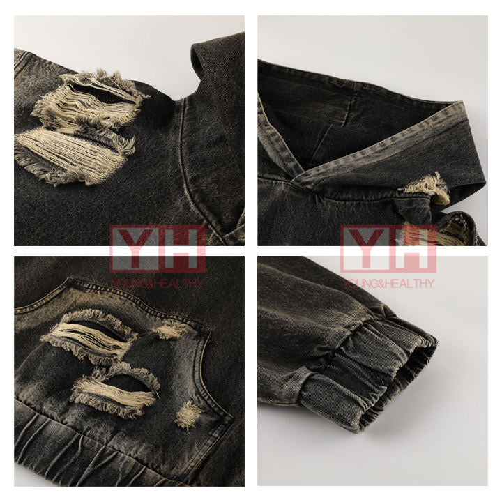 New Arrivals Fashionheavyweight Loose Fit Hoodie Distressed Streetwear Custom Logo Acid Wash Denim Tears Hoodie